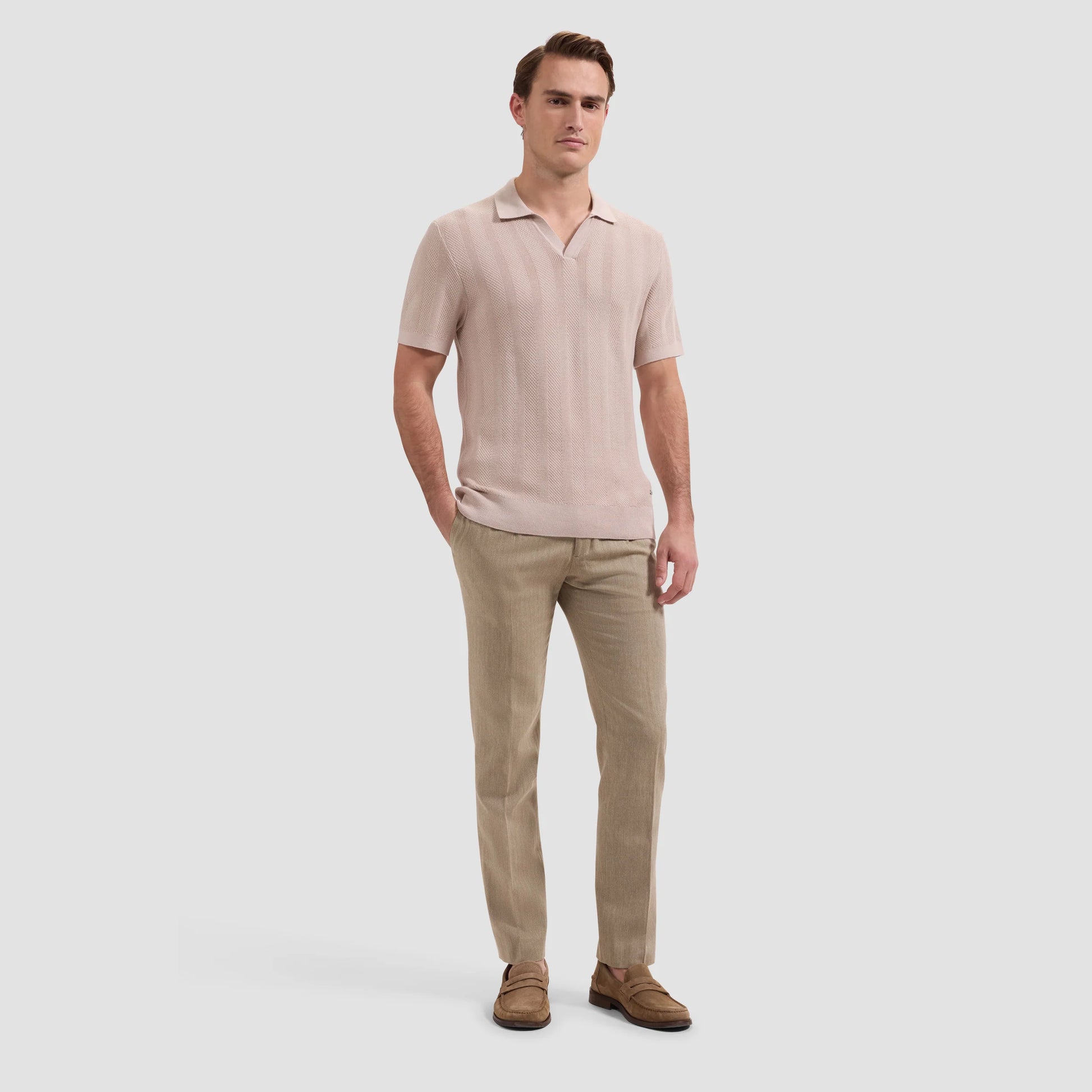 Textured Stripe Johnny Collar Short-Sleeve Sweater - Sand by BUGATCHI in men's casual style