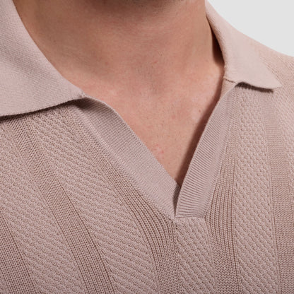 Textured Stripe Johnny Collar Short-Sleeve Sweater - Sand in stretch cotton blend by BUGATCHI