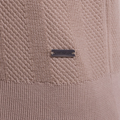 Textured Stripe Johnny Collar Short-Sleeve Sweater - Sand in stretch cotton by BUGATCHI