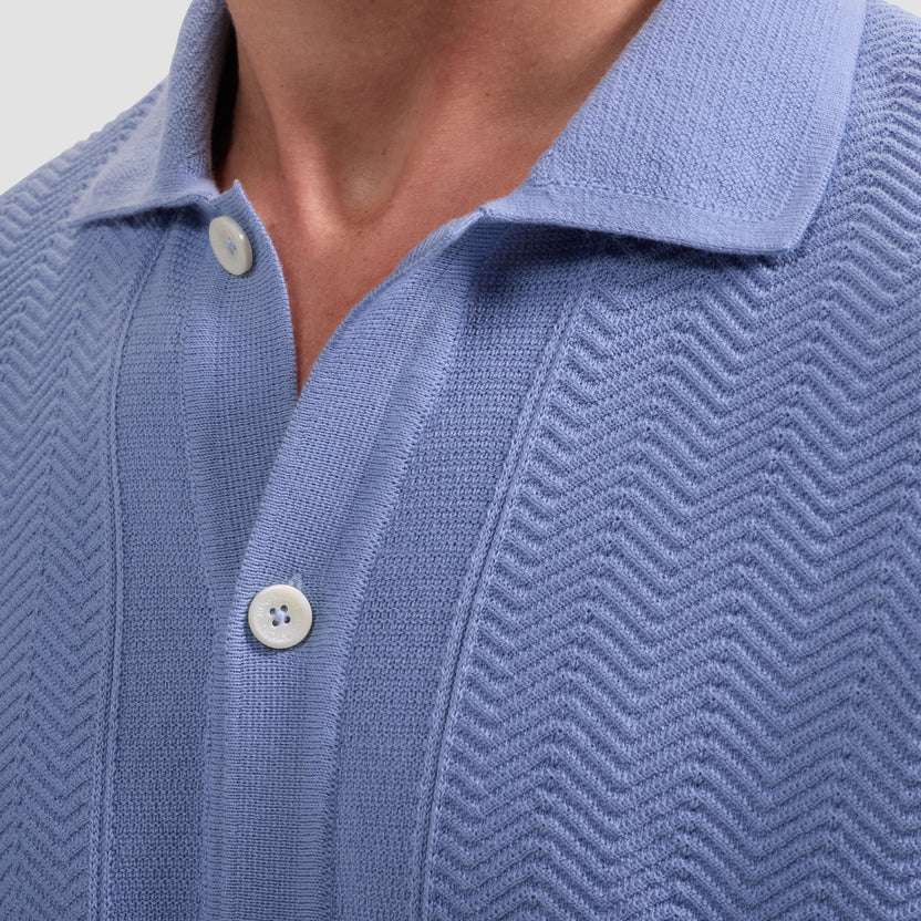 Chevron Button Front Short Sleeve Polo Sweater - Air Blue