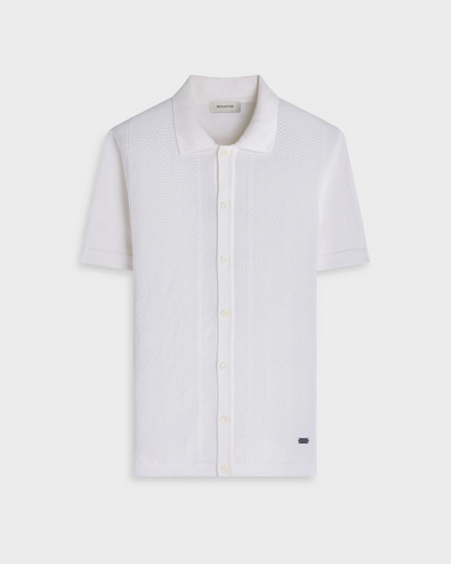 Chevron Button-Front Short-Sleeve Polo Sweater - Chalk in textured cotton by BUGATCHI, men's shirts