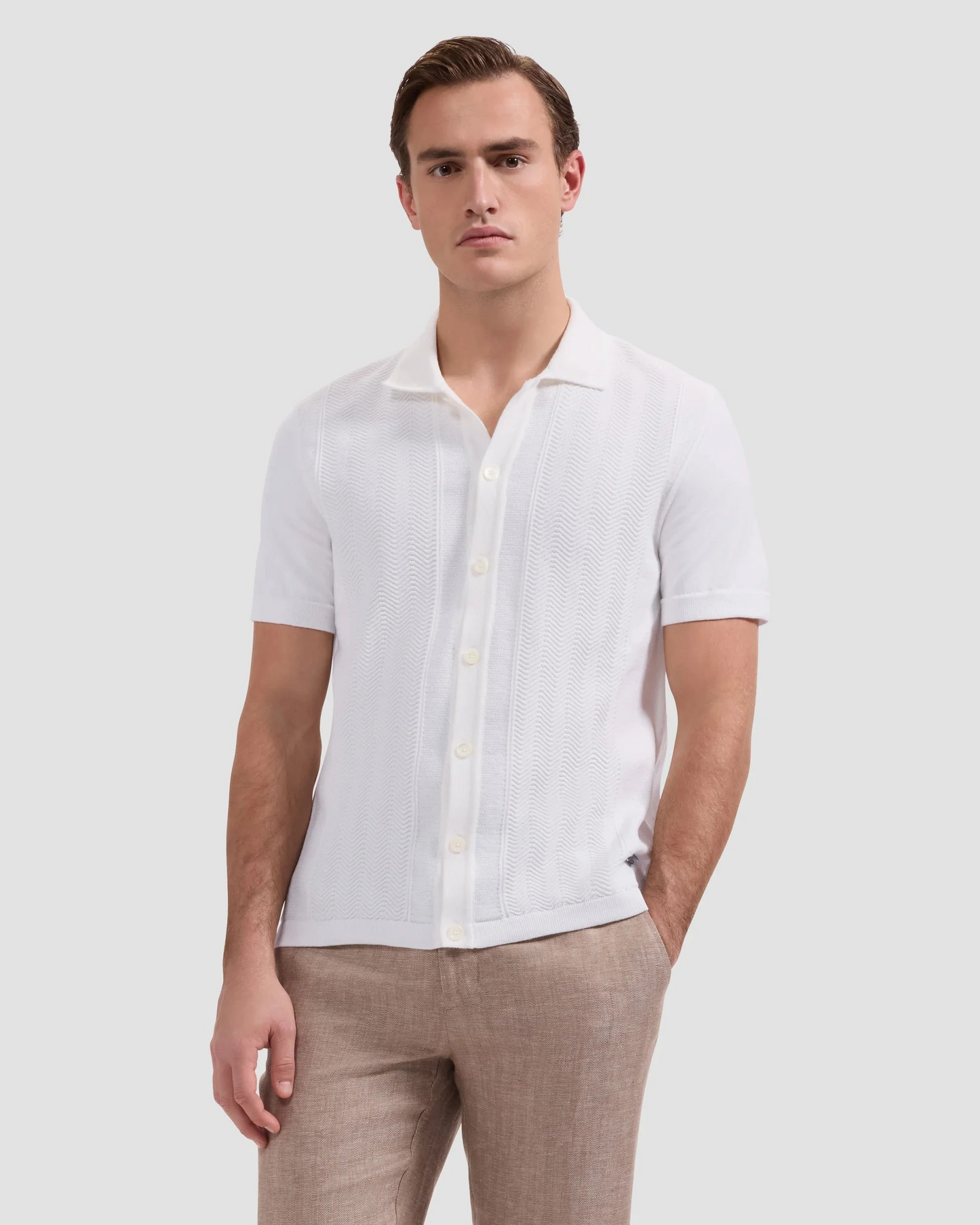 Chevron Button-Front Short-Sleeve Polo Sweater - Chalk in textured cotton knit by BUGATCHI