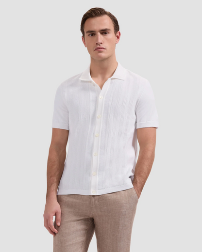 Chevron Button-Front Short-Sleeve Polo Sweater - Chalk in textured cotton knit by BUGATCHI