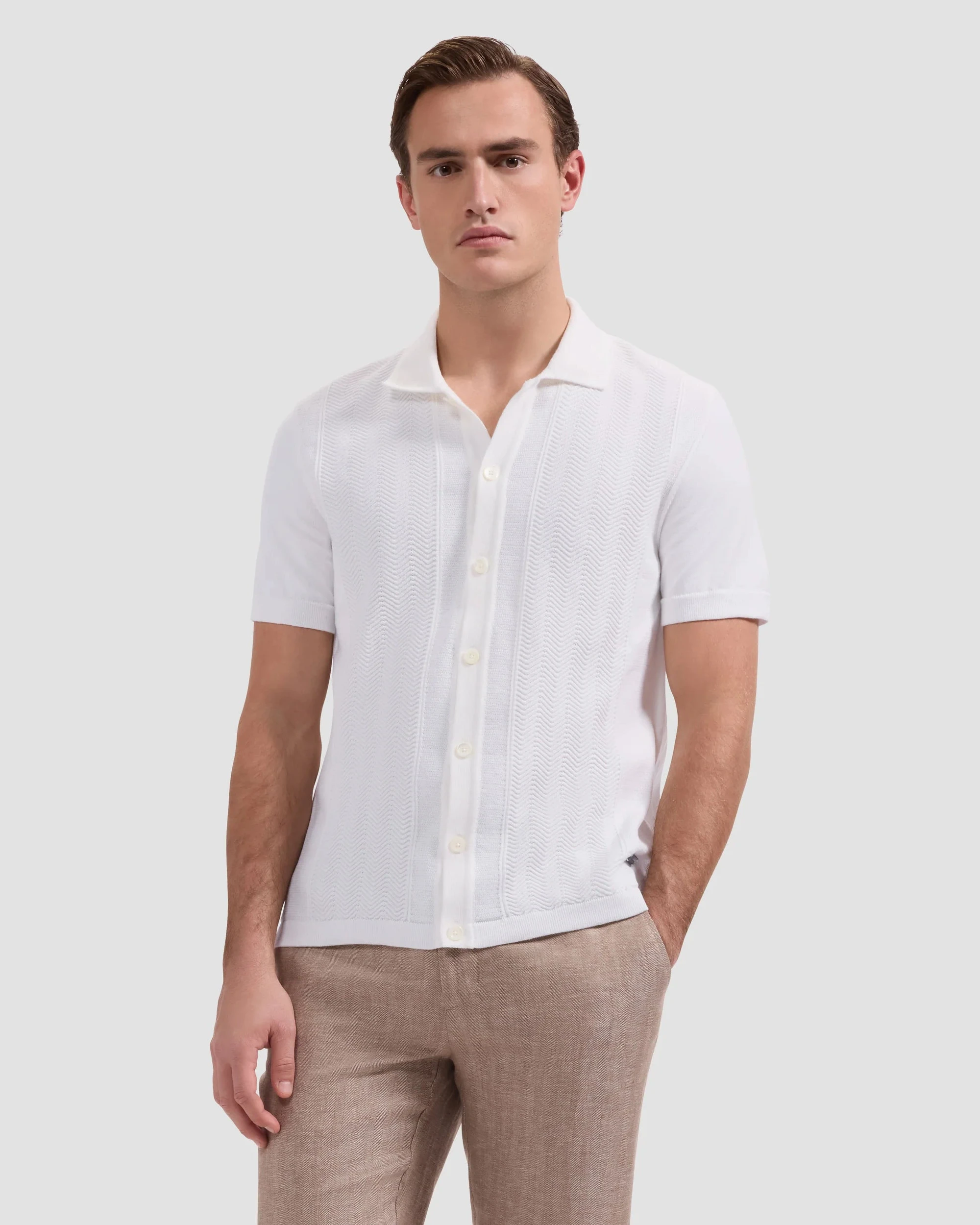 Chevron Button-Front Short-Sleeve Polo Sweater - Chalk in textured cotton by BUGATCHI, men's shirts