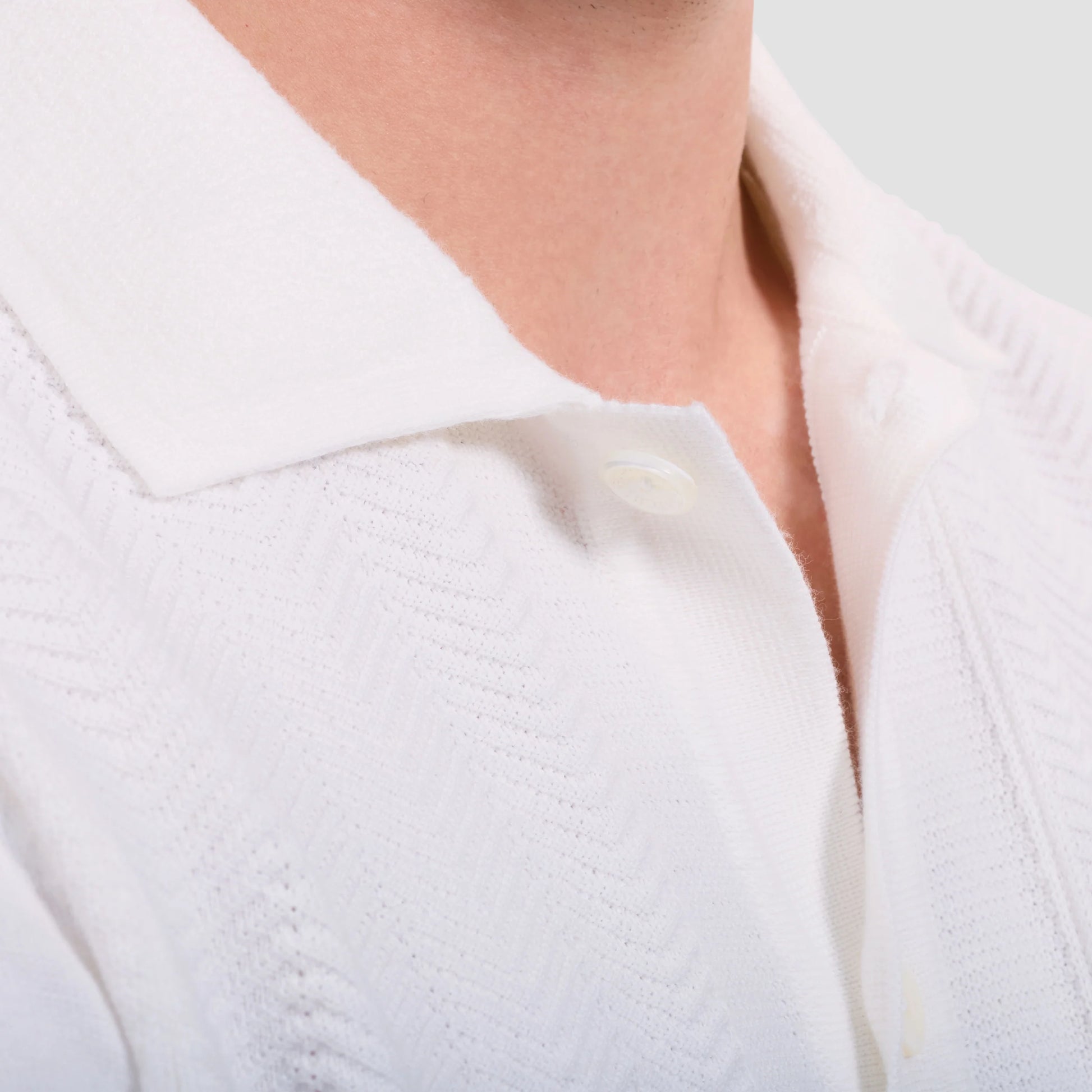 Chevron Button-Front Short-Sleeve Polo Sweater - Chalk with mother-of-pearl buttons by BUGATCHI