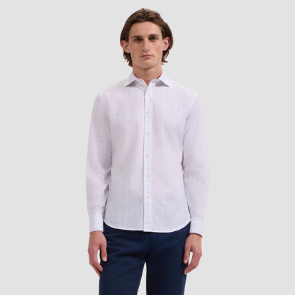 Axel Windowpane Shirt - White, stretch cotton with windowpane check by BUGATCHI, men's long sleeve