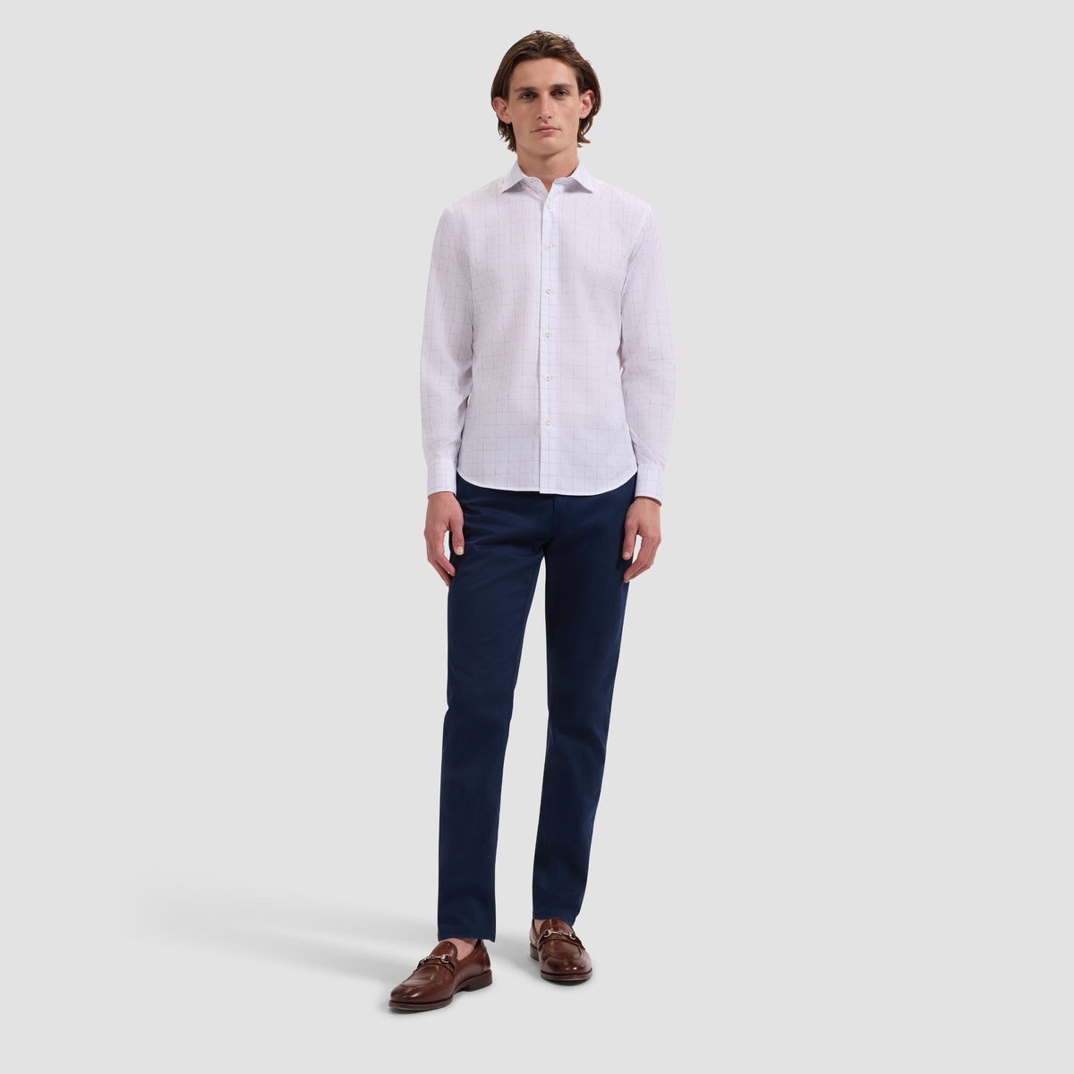 Axel Windowpane Shirt - White, stretch cotton with checkered pattern by BUGATCHI, men's long sleeve