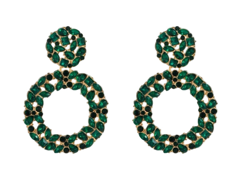 Just Being Dramatic Statement Earring with green geometric crystals and gold by TREASURE JEWELS