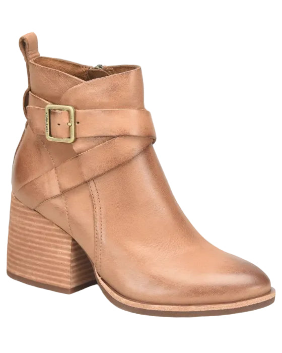 Joelle brown leather ankle boot with buckle strap and stacked heel by KORKEASE, Women's Shoes Max Retail