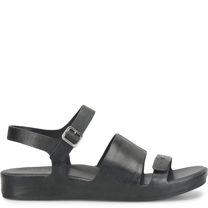 KORKEASE Mona black leather sandals with two adjustable straps and silver buckle