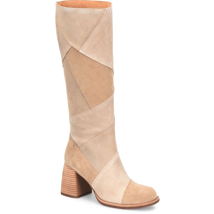 Asbee tall boots in beige multicolor patchwork leather with block heel by KORKEASE