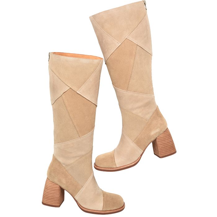 Asbee tall boots in beige multicolor patchwork leather by KORKEASE, women's shoes Max Retail