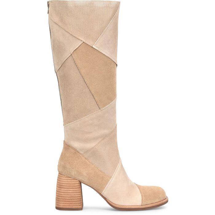 Asbee tall boots in beige multicolor patchwork leather with stacked block heel by KORKEASE
