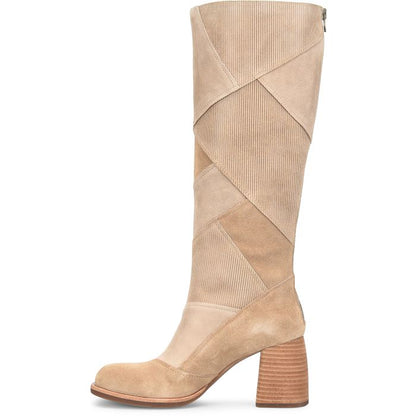 Asbee tall boots in beige multicolor suede and leather patchwork with block heel by KORKEASE