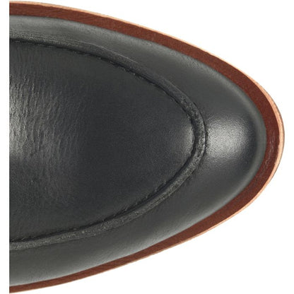 Sioux black boot toe with stitched apron and curved edge on brown sole