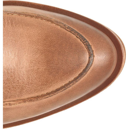 Brown leather boot toe and side seam detail with textured finish and stitching