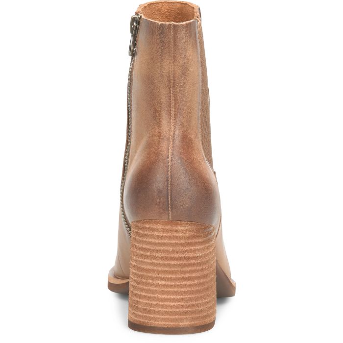 Back view of brown leather boot with heel and side zipper closure