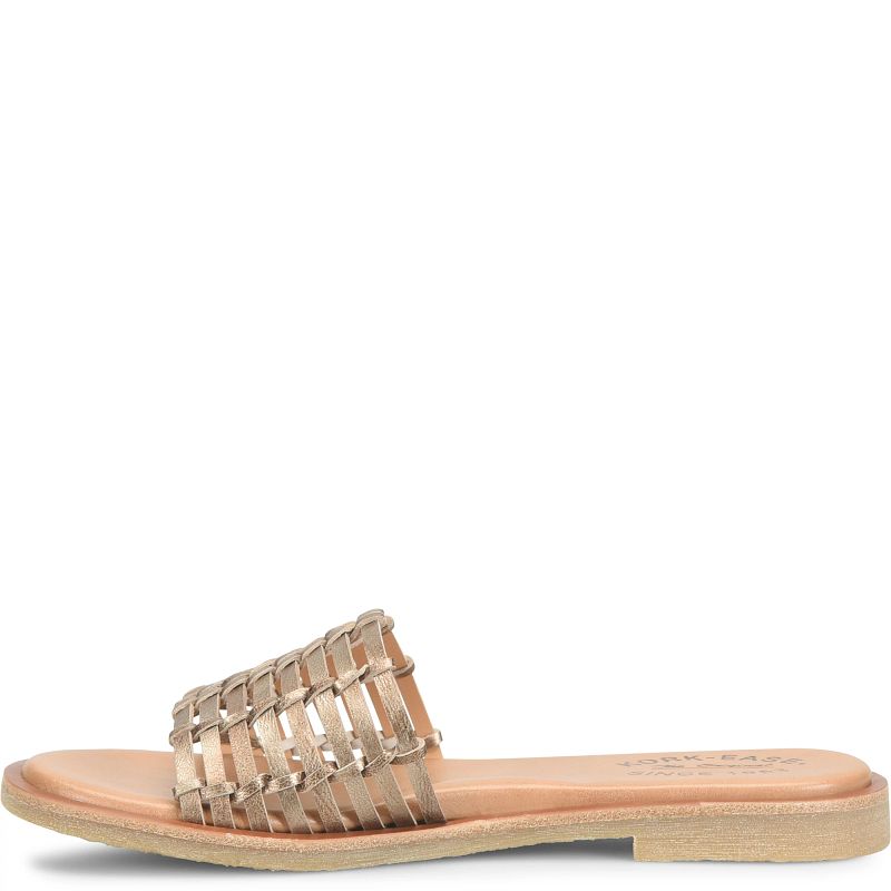 Deja - Bronze handwoven leather flat slide sandal with natural sole by KORKEASE from HCO Sandals