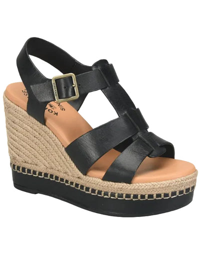 Rayleigh woven wedge sandal in black leather with adjustable buckle and jute platform heel