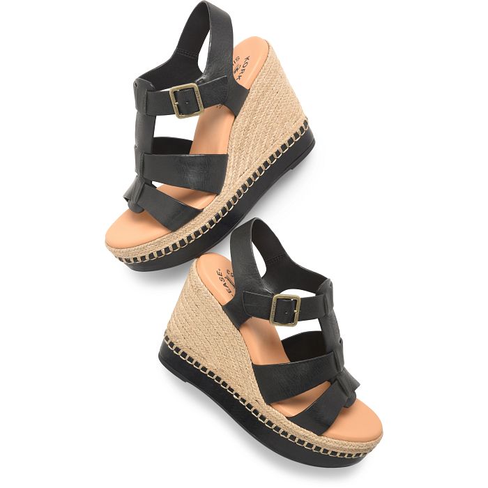 Rayleigh black leather woven wedge sandal with buckle and jute platform heel by KORKEASE