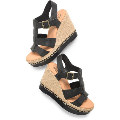 Rayleigh black leather woven wedge sandal with buckle and jute platform heel by KORKEASE