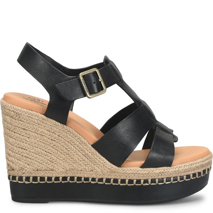 Rayleigh black leather wedge sandal with jute platform and adjustable buckle by KORKEASE