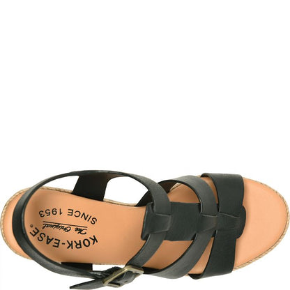 Rayleigh black leather woven wedge sandal with adjustable buckle and jute trim by KORKEASE