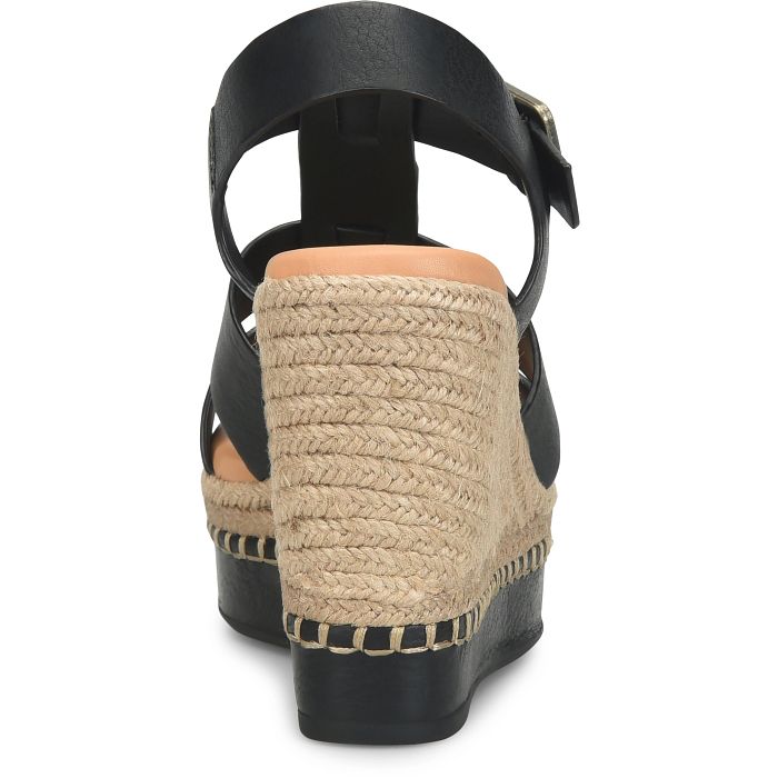 Rayleigh black leather wedge sandal with jute braided platform and adjustable buckle by KORKEASE