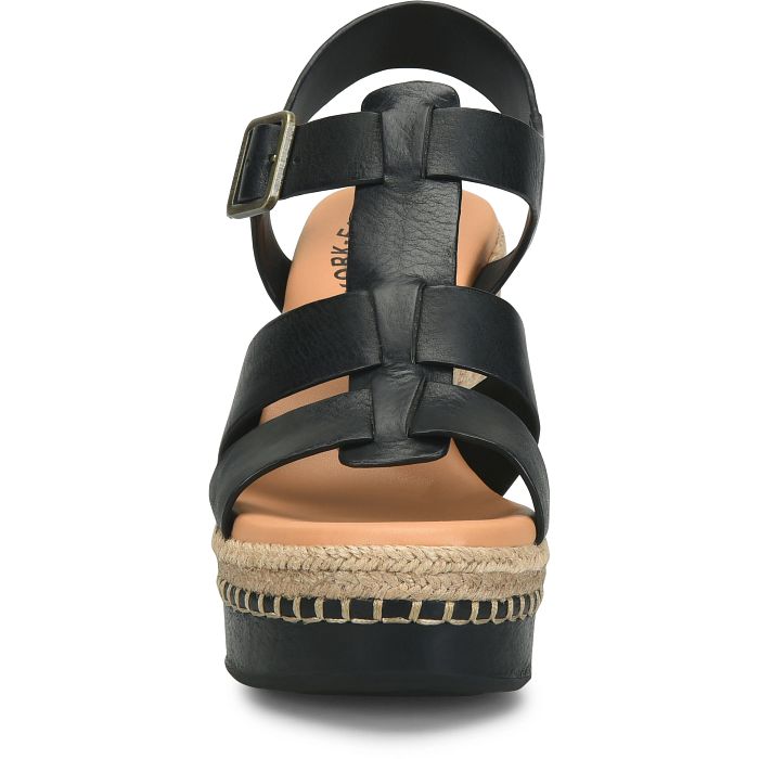 Rayleigh black leather woven wedge sandal with jute trim and adjustable buckle by KORKEASE