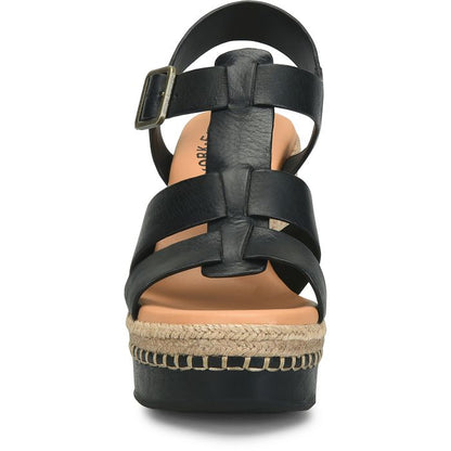 Rayleigh black leather woven wedge sandal with jute trim and adjustable buckle by KORKEASE