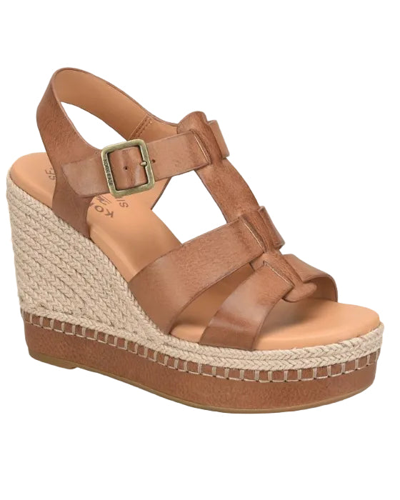 Rayleigh brown leather wedge sandal with braided jute platform and adjustable buckle by KORKEASE