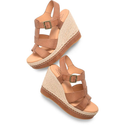 Rayleigh brown leather sandal with woven wedge heel and adjustable buckle by KORKEASE
