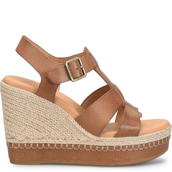 Rayleigh brown leather sandal with woven jute wedge heel and metal buckle by KORKEASE