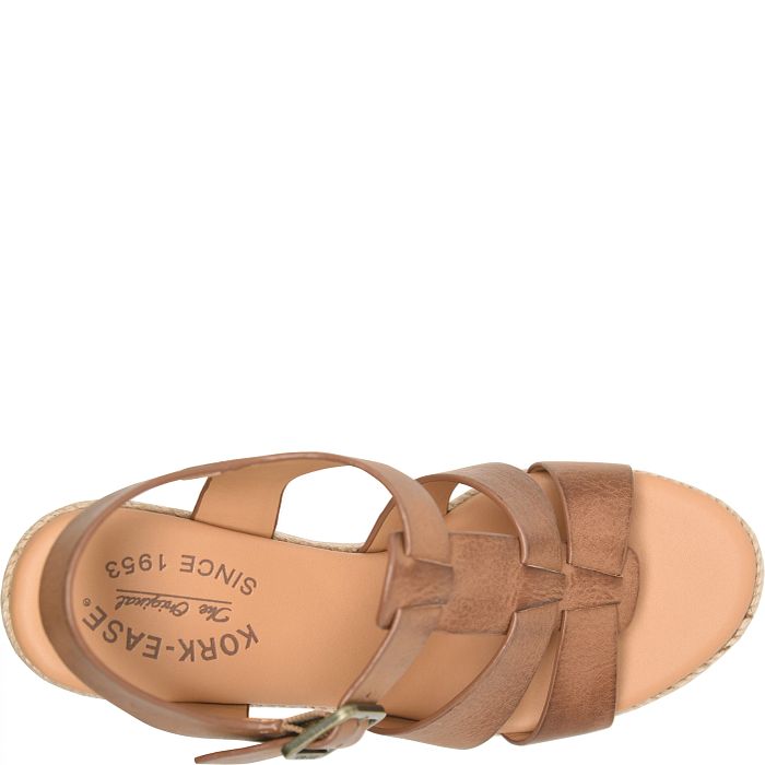 Rayleigh brown leather sandal with woven wedge heel and adjustable buckle by KORKEASE