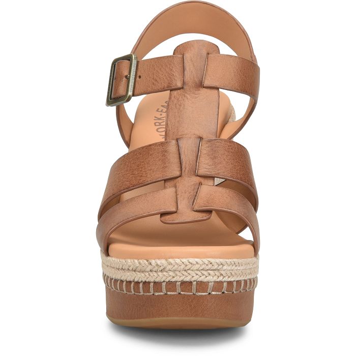 Rayleigh brown leather wedge sandal with woven jute platform and adjustable buckle by KORKEASE