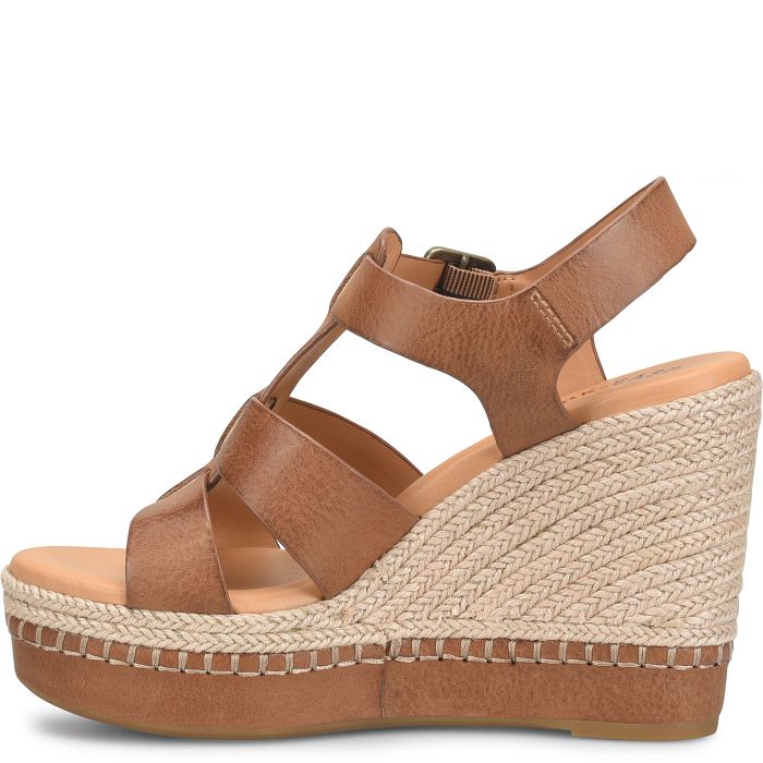 Rayleigh brown leather sandal with woven jute wedge heel and adjustable buckle by KORKEASE