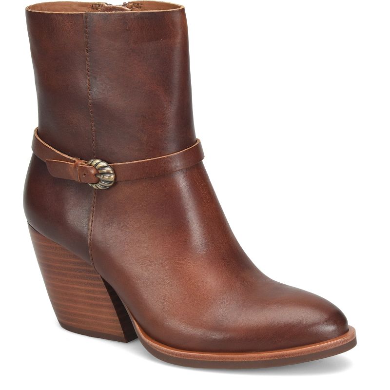 Solstice - Brown KORKEASE women's brown leather boot with buckle and stacked heel