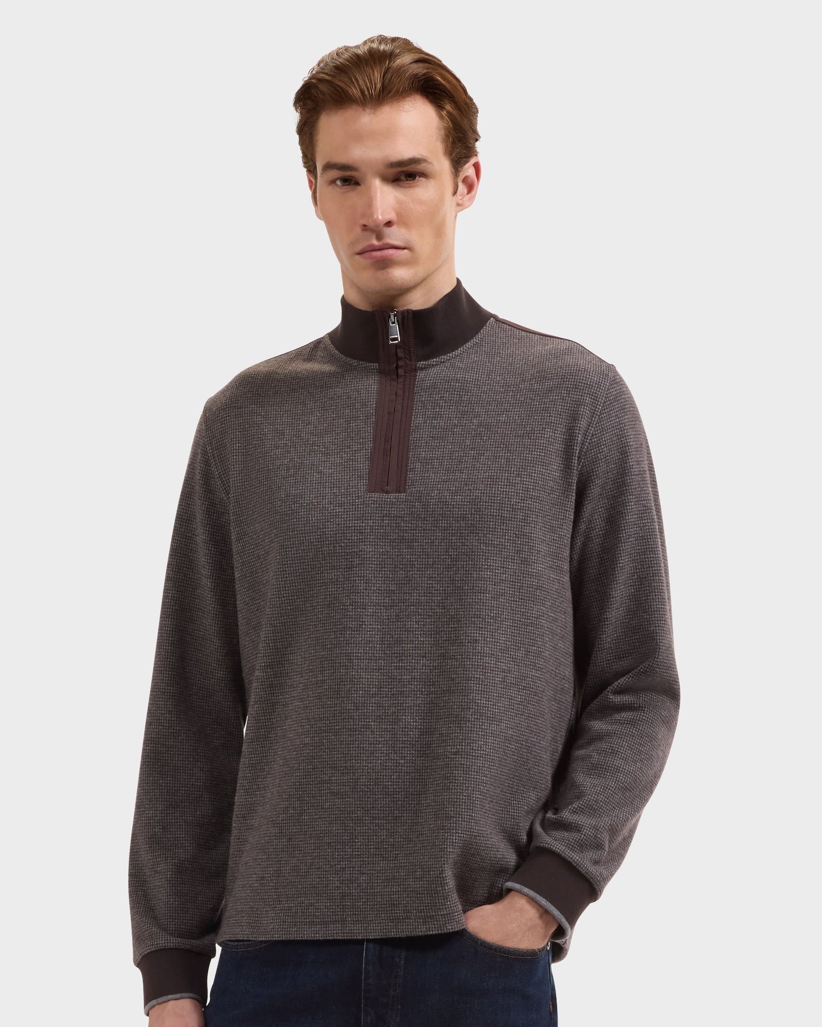 Houndstooth Quarter-Zip Pullover - Truffle