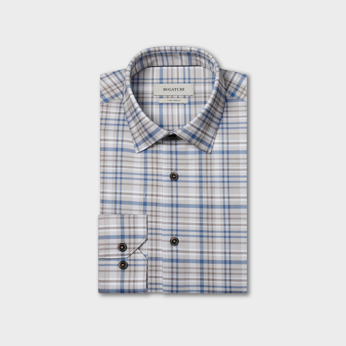 Folded plaid button down shirt in blue, gray, and white tones