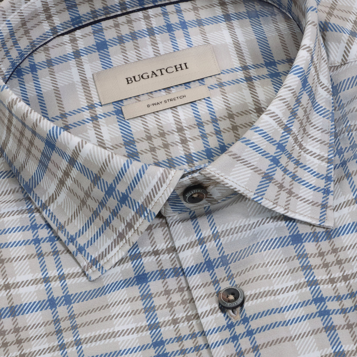 Blue and gray plaid Bugatchi shirt collar with buttons and stretch label