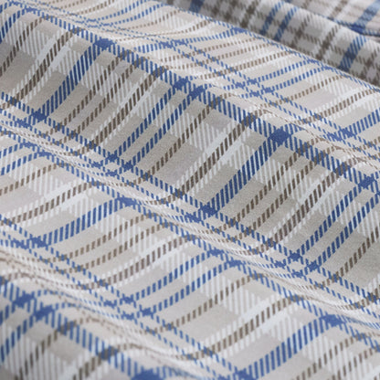 Blue gray and white plaid fabric in close detail