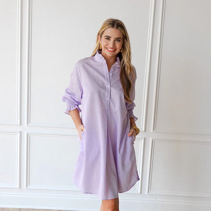 Kimberly dress lavender stripe shirt dress, button front, ruffled sleeves
