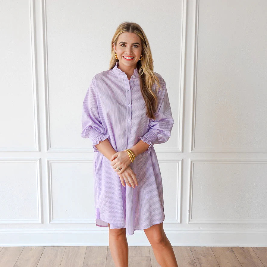 Kimberly Dress lavender stripe with gathered cuffs and button-down front