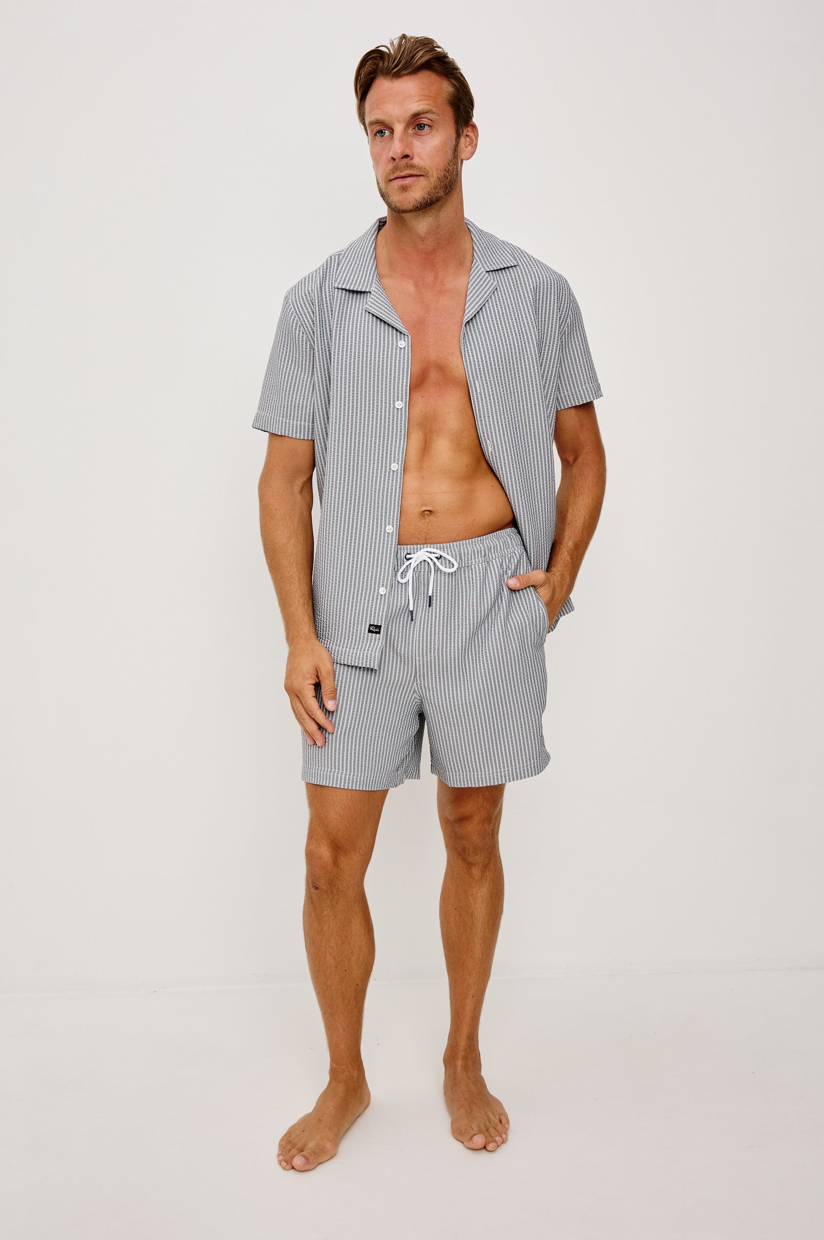 La Brea - Navy Deck Stripe stretch seersucker shorts with adjustable drawstring by RAILS
