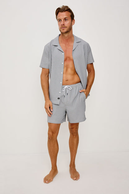 La Brea - Navy Deck Stripe stretch seersucker shorts with adjustable drawstring by RAILS