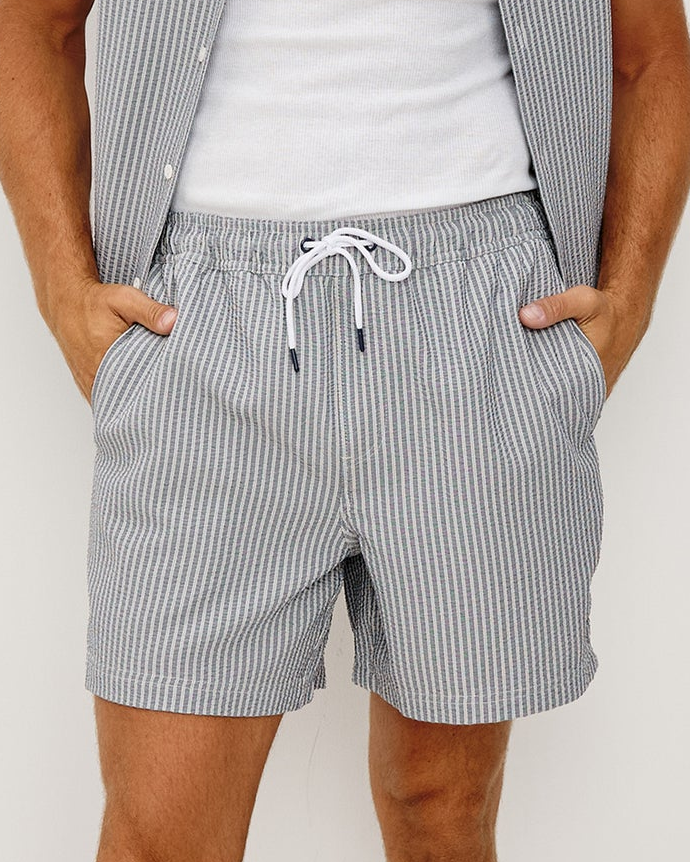 La Brea - Navy Deck Stripe stretch seersucker shorts with adjustable drawstring by RAILS