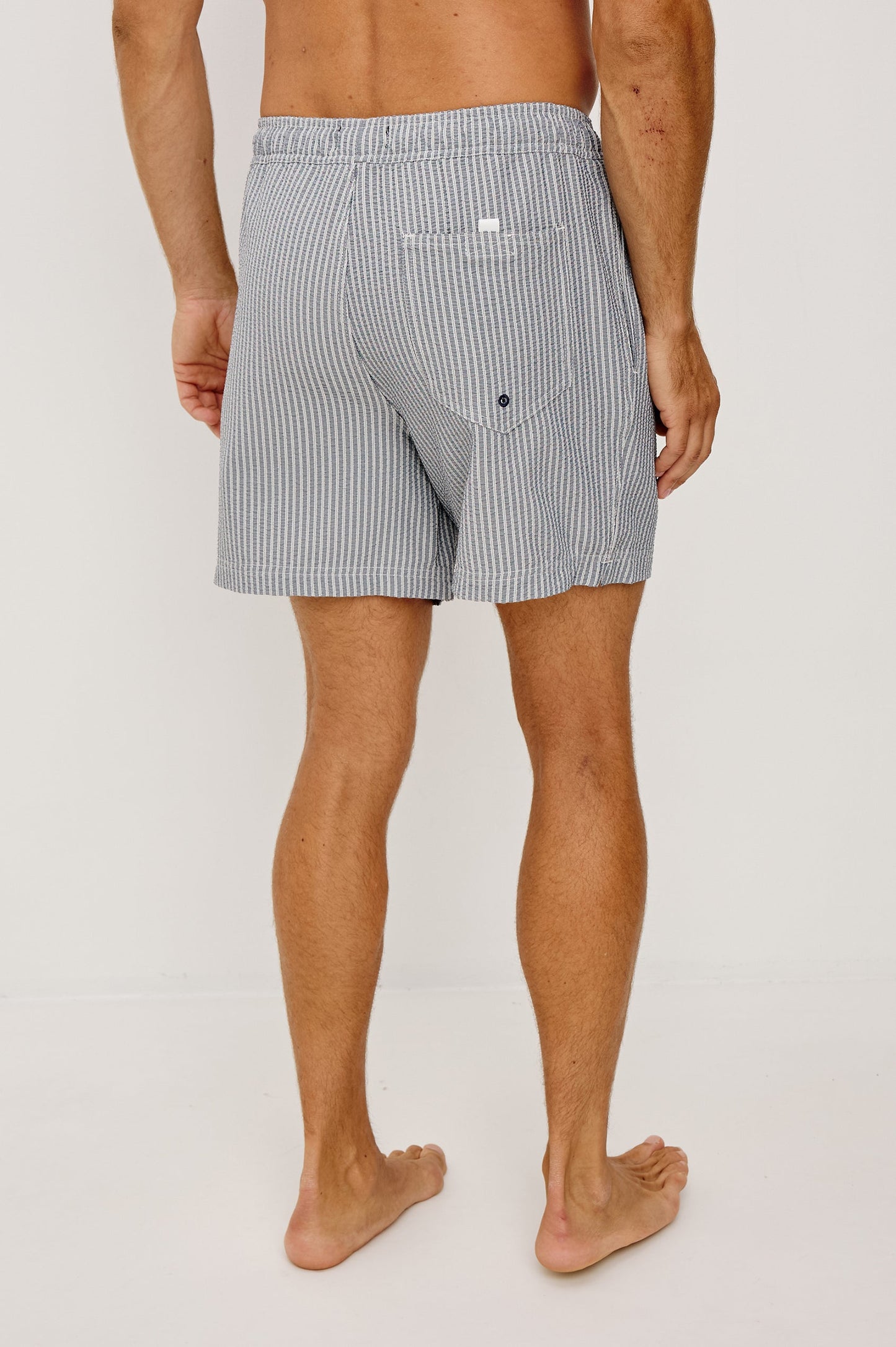 La Brea - Navy Deck Stripe stretch seersucker shorts with adjustable waist by RAILS