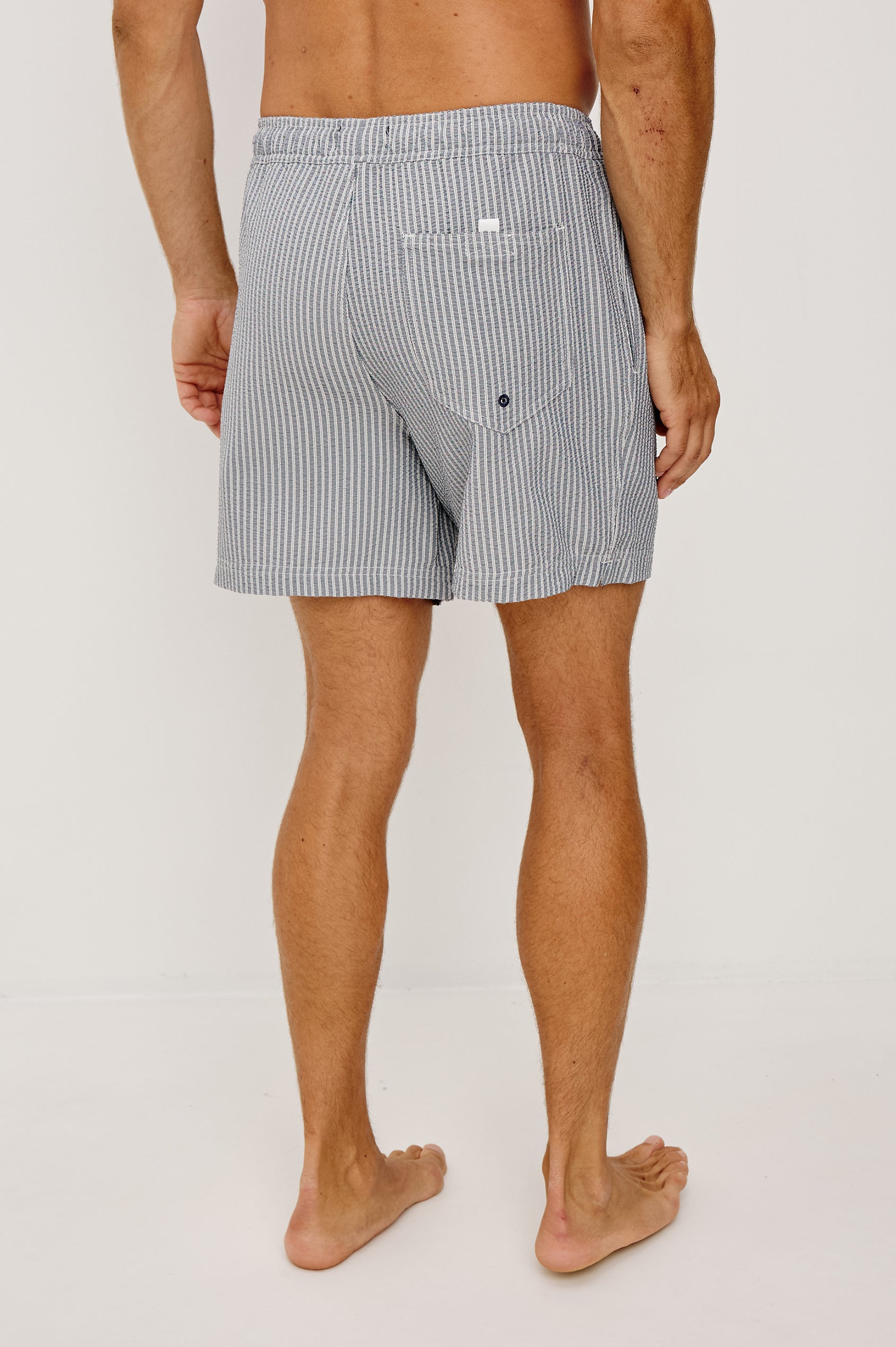 La Brea - Navy Deck Stripe stretch seersucker shorts with adjustable waist by RAILS