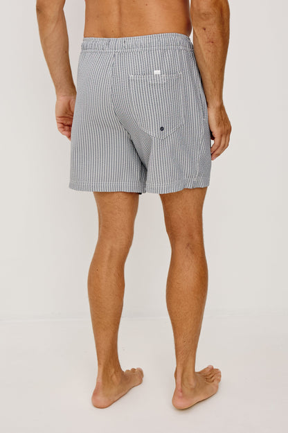 La Brea - Navy Deck Stripe stretch seersucker shorts with adjustable waist by RAILS
