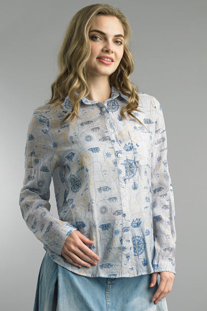 Lost at Sea blouse in breathable multicolor rayon with nautical map print, TEMPO PARIS HCO shirts